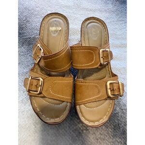 Italina Tan Brown Double Buckle Wedge Slide Sandals Women 41 Platform Comfort